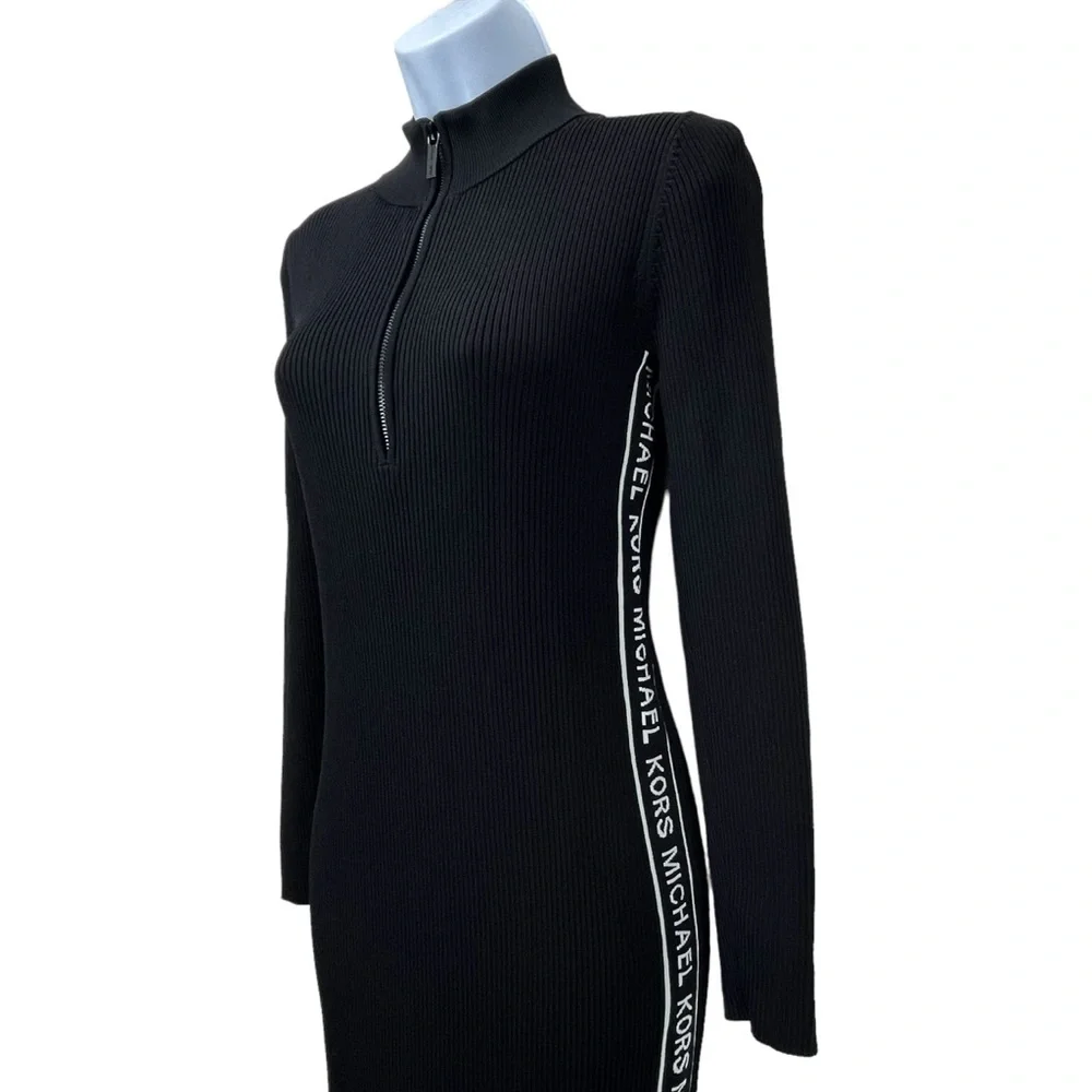 Michael Kors Black Ribbed Knit Logo Tape Zip Front Midi Dress‎ Women’s Medium